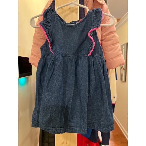 Girls Denim Sleeveless Ruffle Dress with Pink Trim - Picture 1 of 6